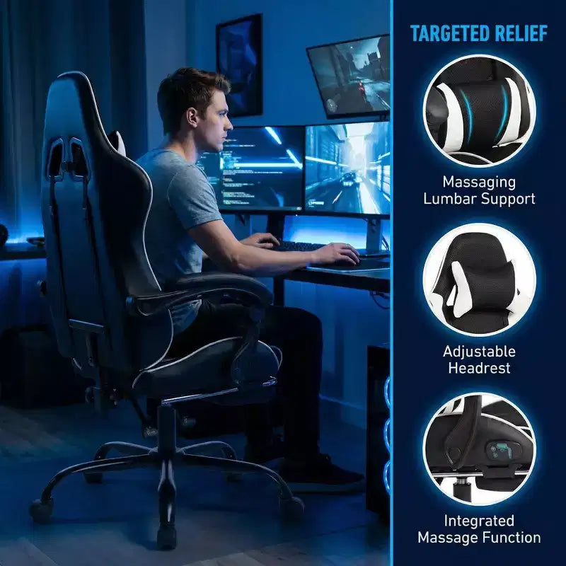 Chaise de Gaming Style Racing, Chaise E-sport Ergonomique avec Massage, Cuir PU, Mousse Moulée Haute Densité, Confortable et Sûre, Blanc