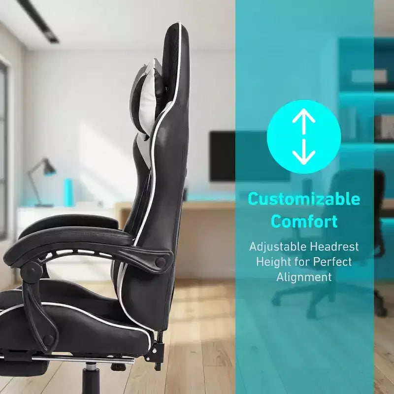 Chaise de Gaming Style Racing, Chaise E-sport Ergonomique avec Massage, Cuir PU, Mousse Moulée Haute Densité, Confortable et Sûre, Blanc