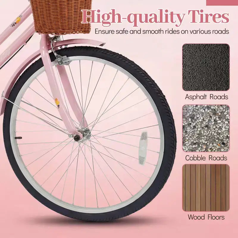 Gymax 26-Inch Beach Cruiser Bike w/Adjustable Seat Woven Basket & Rear Rack
