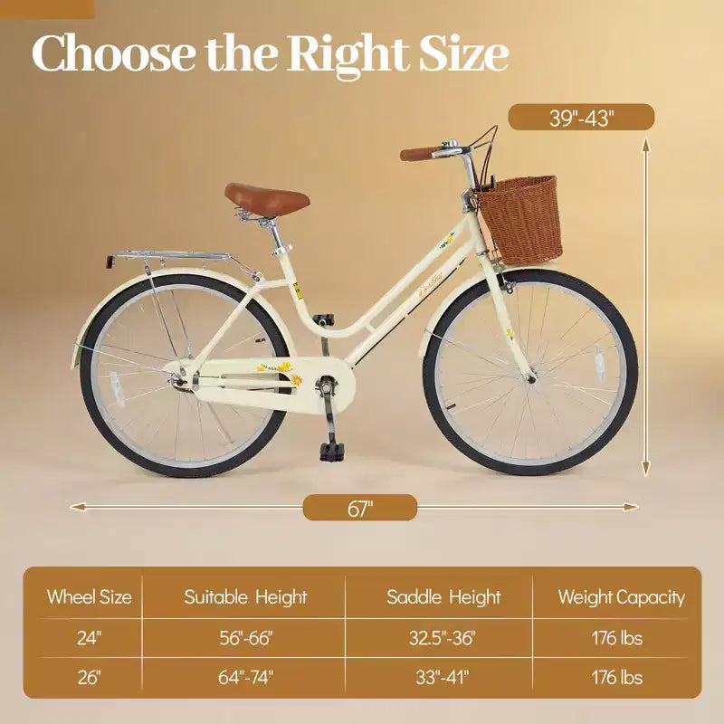 Gymax 26-Inch Beach Cruiser Bike w/Adjustable Seat Woven Basket & Rear Rack
