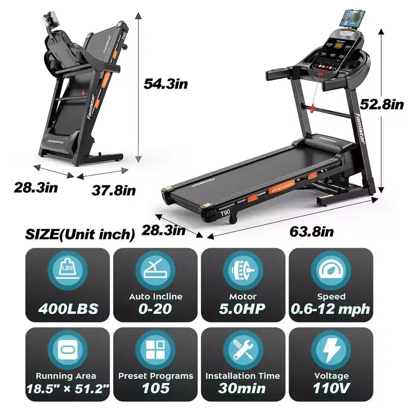 20% Auto Incline Treadmill,5.1HP Folding Treadmill 400lb Capacity,105 Program,12MPH Speed, APP Control for Personalized Workout, Jogging Walking Home