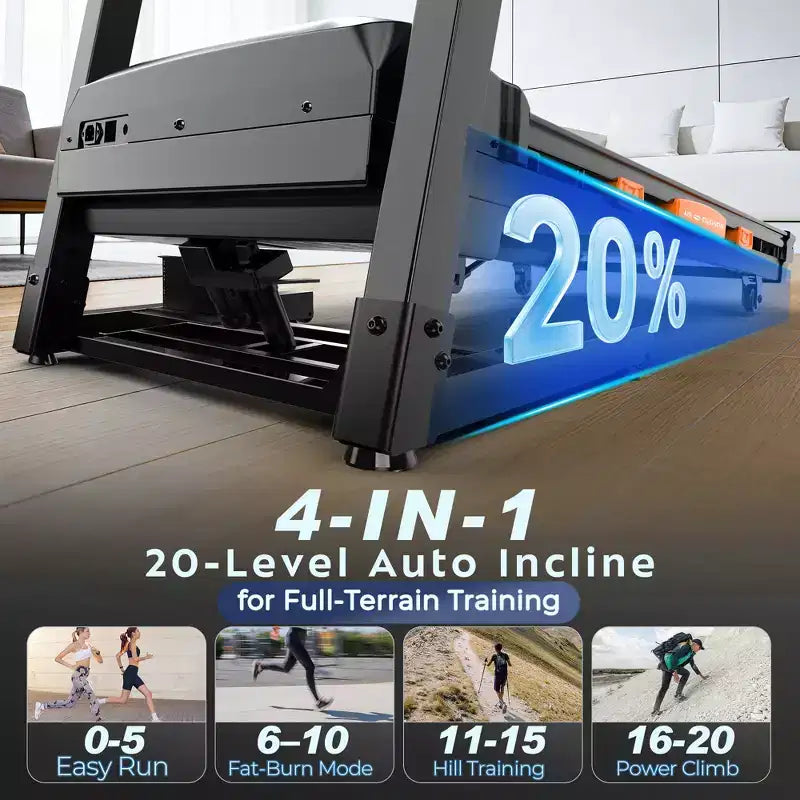 20% Auto Incline Treadmill,5.1HP Folding Treadmill 400lb Capacity,105 Program,12MPH Speed, APP Control for Personalized Workout, Jogging Walking Home