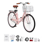 VEVOR Cruiser Bike, 1-Speed, 26-Inch Pink Beach Cruiser Bike with Large Capacity Basket and Rear Rack, Secure & Sturdy Cruiser Bike, Pink