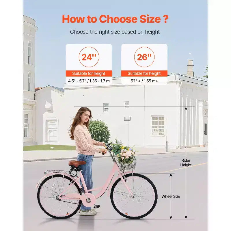 VEVOR Cruiser Bike, 1-Speed, 26-Inch Pink Beach Cruiser Bike with Large Capacity Basket and Rear Rack, Secure & Sturdy Cruiser Bike, Pink
