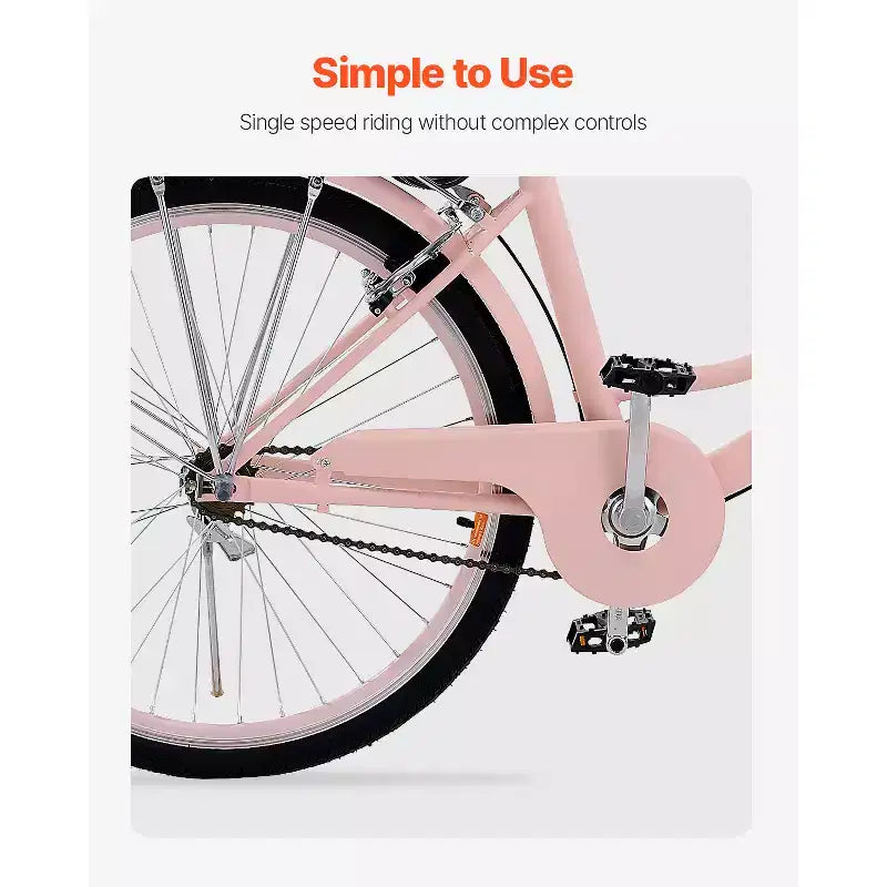 VEVOR Cruiser Bike, 1-Speed, 26-Inch Pink Beach Cruiser Bike with Large Capacity Basket and Rear Rack, Secure & Sturdy Cruiser Bike, Pink