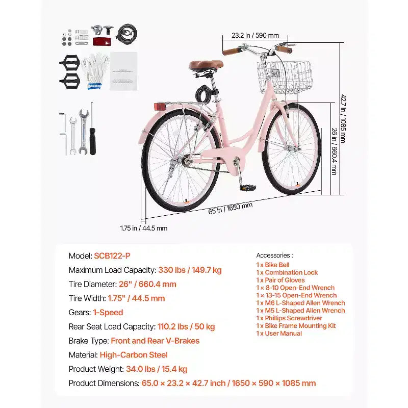 VEVOR Cruiser Bike, 1-Speed, 26-Inch Pink Beach Cruiser Bike with Large Capacity Basket and Rear Rack, Secure & Sturdy Cruiser Bike, Pink