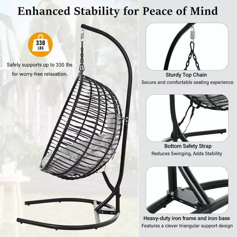 Whisen Single Person Folding Egg Chair with Stand, Hammock Swing Chair with Adjustable Anti-Slip Feet