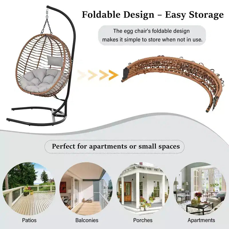 Whisen Single Person Folding Egg Chair with Stand, Hammock Swing Chair with Adjustable Anti-Slip Feet