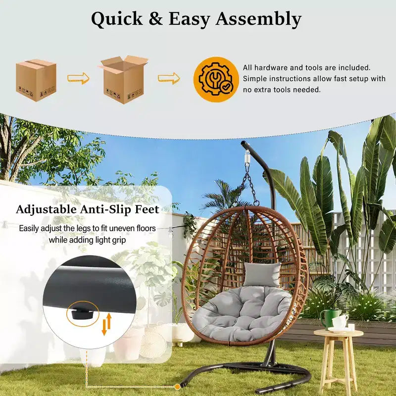 Whisen Single Person Folding Egg Chair with Stand, Hammock Swing Chair with Adjustable Anti-Slip Feet