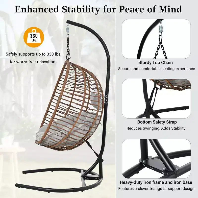Whisen Single Person Folding Egg Chair with Stand, Hammock Swing Chair with Adjustable Anti-Slip Feet