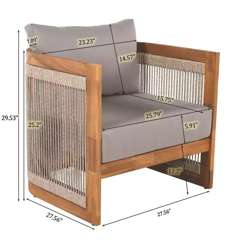 Premium Acacia Wood Outdoor Club Chair with Curved Tub Design and Woven Rope, for Garden