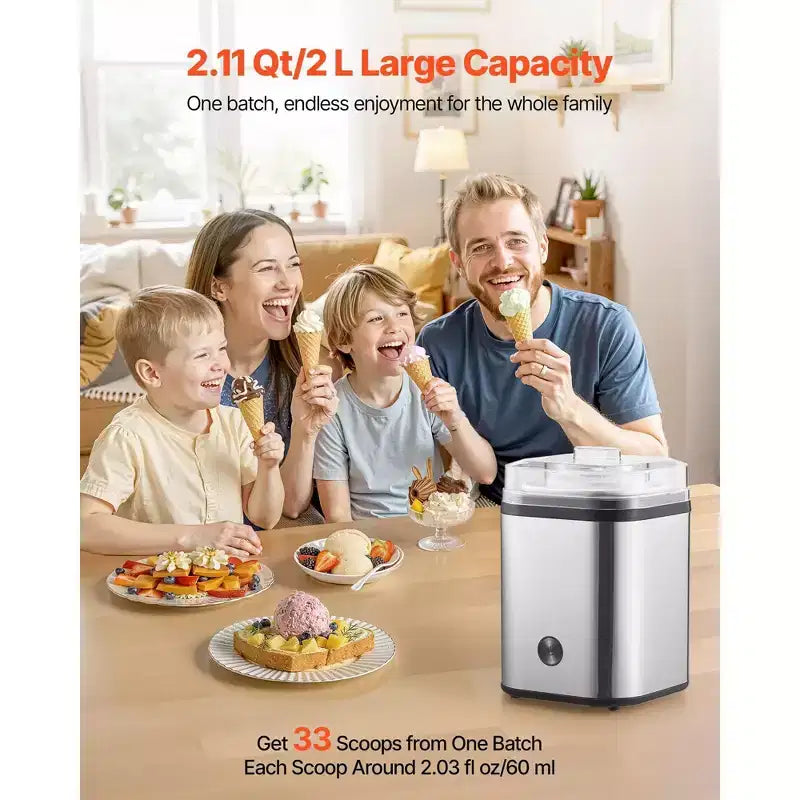 Ice Cream Maker 2.11 Quart Large Capacity Electric Automatic Frozen Dessert Machine with Stainless Steel Shell for Yogurt Sorbet Gelato Silver