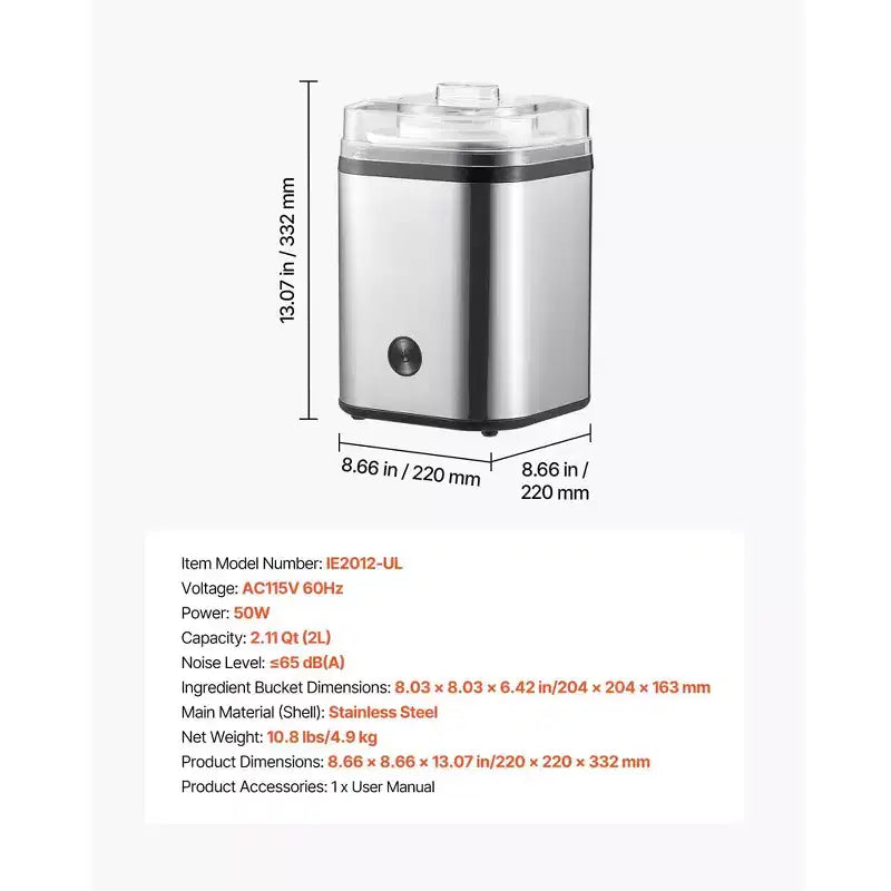 Ice Cream Maker 2.11 Quart Large Capacity Electric Automatic Frozen Dessert Machine with Stainless Steel Shell for Yogurt Sorbet Gelato Silver