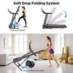 Tapis de course 3,5 CV en promotion : Tapis de course pliable avec inclinaison de 12 %, application et haut-parleurs Bluetooth, capacité de 150 kg, 64 programmes, pour salle de sport à domicile