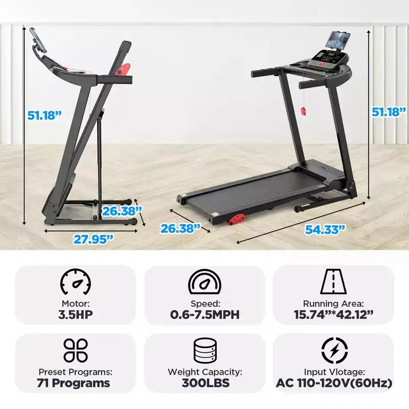 Tapis de course 3,5 CV en promotion : Tapis de course pliable avec inclinaison de 12 %, application et haut-parleurs Bluetooth, capacité de 150 kg, 64 programmes, pour salle de sport à domicile