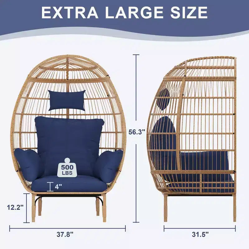 Fauteuil œuf de patio surdimensionné – Chaise longue en rotin PE tressé à la main avec coussins et siège extra large pour une utilisation intérieure/extérieure sur la terrasse, le balcon et dans le salon