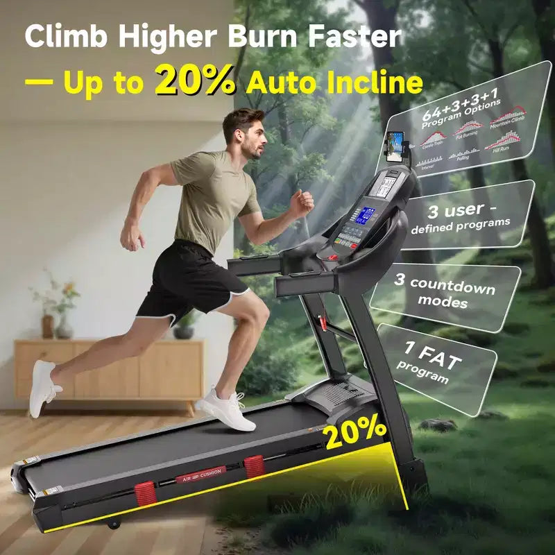 Tapis de course à moteur sans balais 5,0 CV avec inclinaison automatique de 20 %, capacité de poids de 180 kg robuste, vitesse élevée de 19 km/h