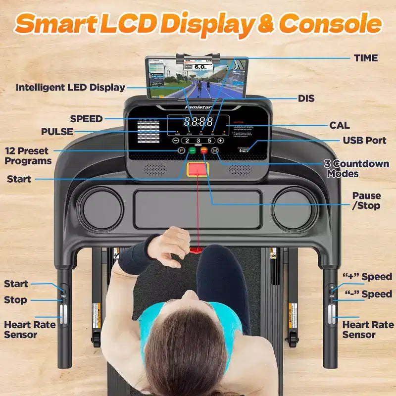 3.55HP Treadmill clearance w/10% Incline 320lb Capacity,Foldable Home 7.5MPH Treadmill,71 Smart Program, APP Control Jogging Walking w/ Free Knee Pads