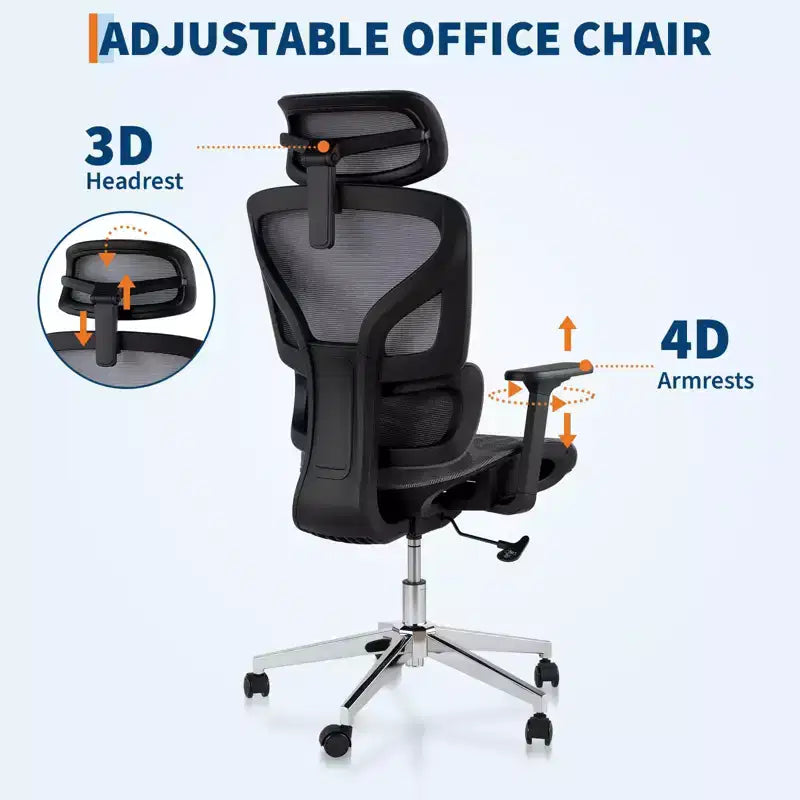Chaise de bureau ergonomique en maille avec accoudoirs 4D Soutien lombaire dynamique Dossier haut inclinable Assise coulissante Appui-tête Roulettes silencieuses pour bureau à domicile, étude et jeux
