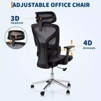 Chaise de bureau ergonomique en maille avec accoudoirs 4D Soutien lombaire dynamique Dossier haut inclinable Assise coulissante Appui-tête Roulettes silencieuses pour bureau à domicile, étude et jeux