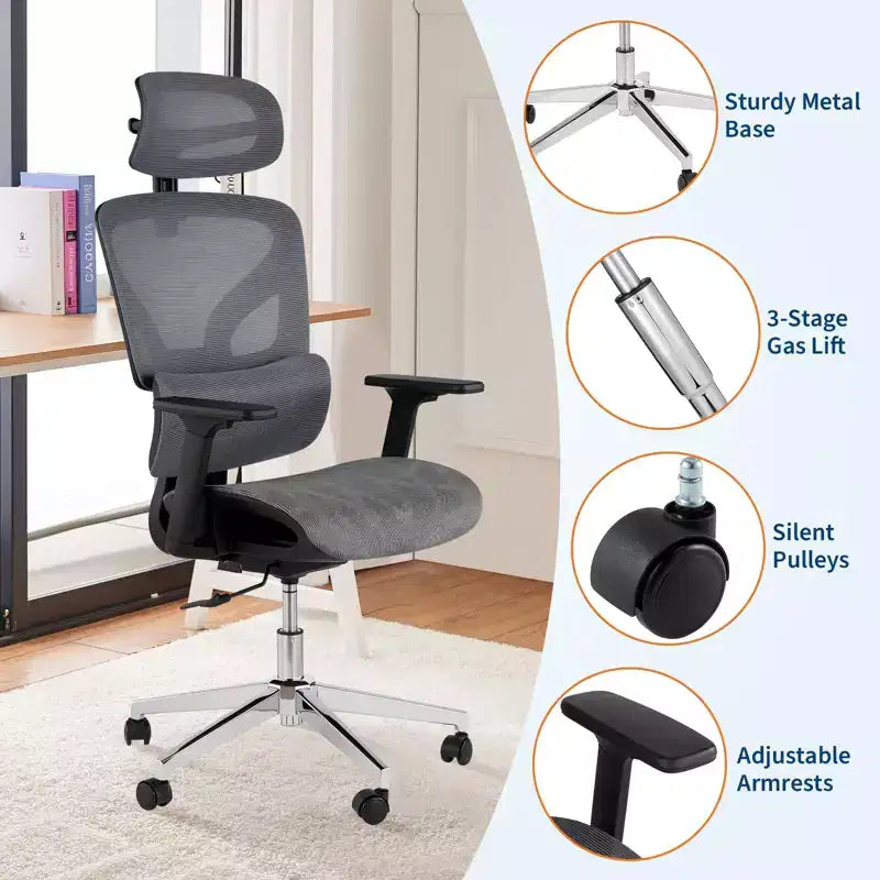Chaise de bureau ergonomique en maille avec accoudoirs 4D Soutien lombaire dynamique Dossier haut inclinable Assise coulissante Appui-tête Roulettes silencieuses pour bureau à domicile, étude et jeux