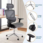Chaise de bureau ergonomique en maille avec accoudoirs 4D Soutien lombaire dynamique Dossier haut inclinable Assise coulissante Appui-tête Roulettes silencieuses pour bureau à domicile, étude et jeux