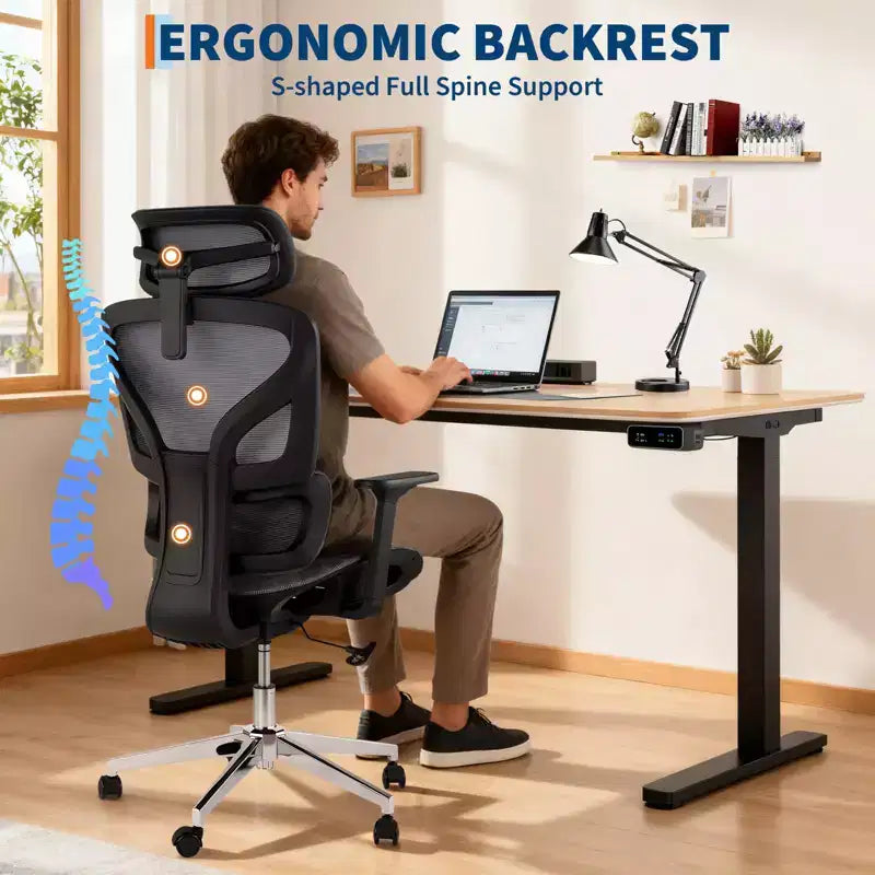 Chaise de bureau ergonomique en maille avec accoudoirs 4D Soutien lombaire dynamique Dossier haut inclinable Assise coulissante Appui-tête Roulettes silencieuses pour bureau à domicile, étude et jeux