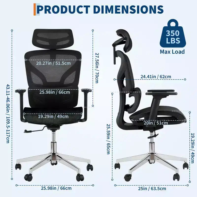 Chaise de bureau ergonomique en maille avec accoudoirs 4D Soutien lombaire dynamique Dossier haut inclinable Assise coulissante Appui-tête Roulettes silencieuses pour bureau à domicile, étude et jeux