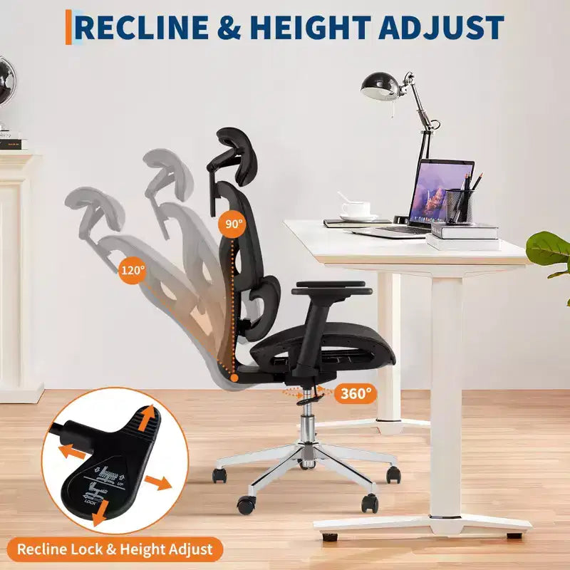 Chaise de bureau ergonomique en maille avec accoudoirs 4D Soutien lombaire dynamique Dossier haut inclinable Assise coulissante Appui-tête Roulettes silencieuses pour bureau à domicile, étude et jeux