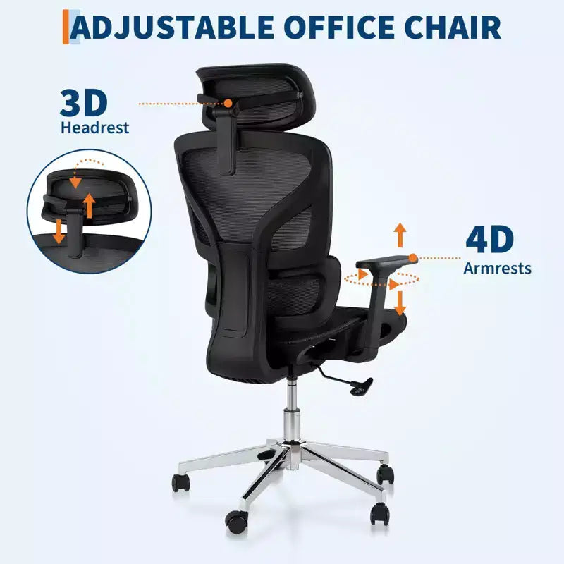 Chaise de bureau ergonomique en maille avec accoudoirs 4D Soutien lombaire dynamique Dossier haut inclinable Assise coulissante Appui-tête Roulettes silencieuses pour bureau à domicile, étude et jeux