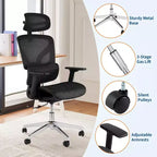 Chaise de bureau ergonomique en maille avec accoudoirs 4D Soutien lombaire dynamique Dossier haut inclinable Assise coulissante Appui-tête Roulettes silencieuses pour bureau à domicile, étude et jeux
