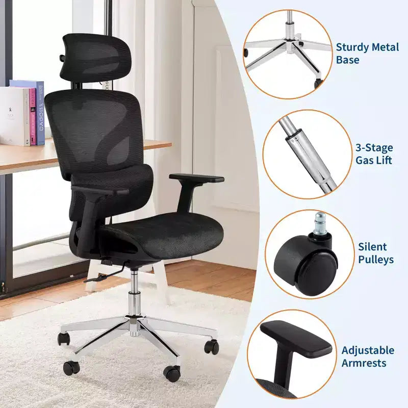 Chaise de bureau ergonomique en maille avec accoudoirs 4D Soutien lombaire dynamique Dossier haut inclinable Assise coulissante Appui-tête Roulettes silencieuses pour bureau à domicile, étude et jeux