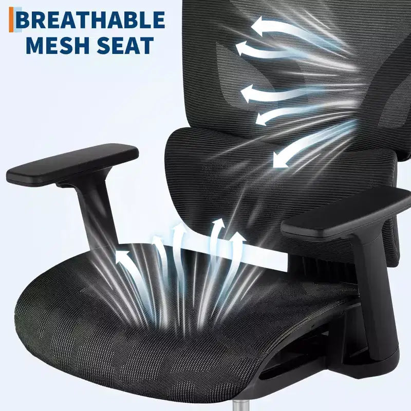 Chaise de bureau ergonomique en maille avec accoudoirs 4D Soutien lombaire dynamique Dossier haut inclinable Assise coulissante Appui-tête Roulettes silencieuses pour bureau à domicile, étude et jeux