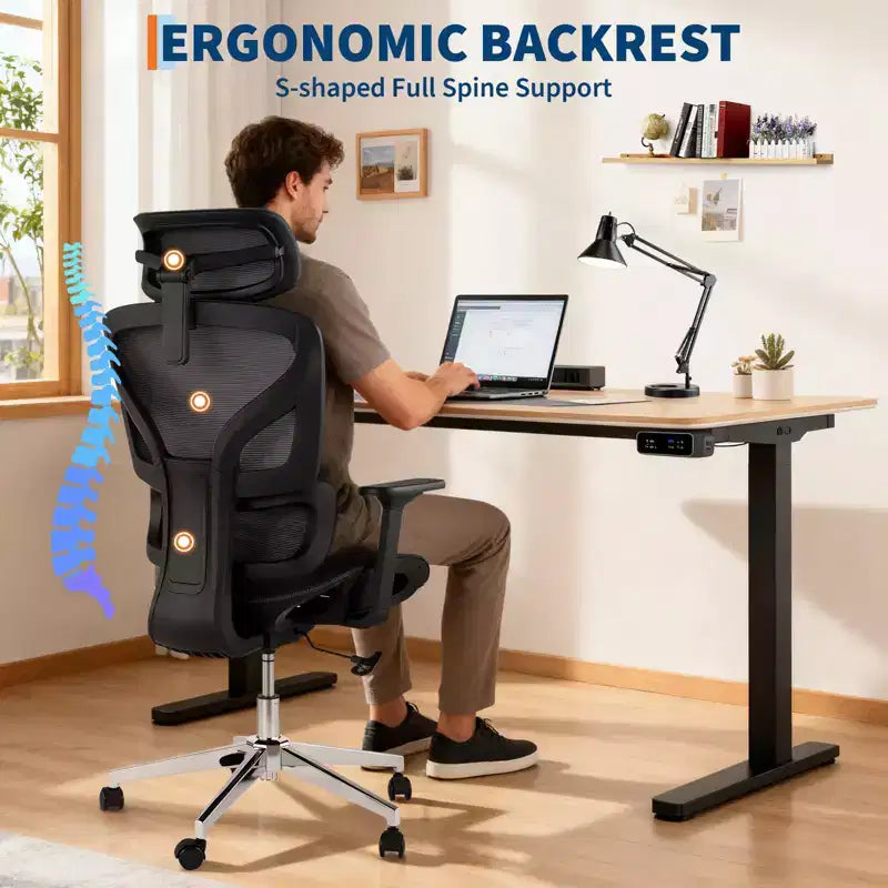 Chaise de bureau ergonomique en maille avec accoudoirs 4D Soutien lombaire dynamique Dossier haut inclinable Assise coulissante Appui-tête Roulettes silencieuses pour bureau à domicile, étude et jeux
