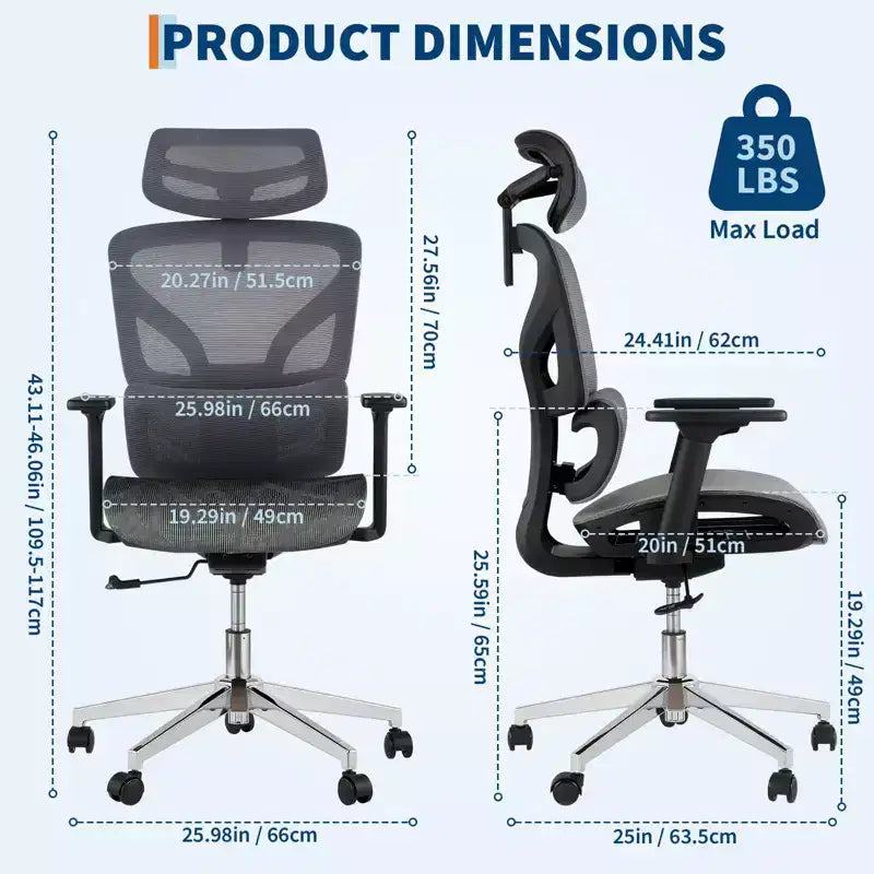 Chaise de bureau ergonomique en maille avec accoudoirs 4D Soutien lombaire dynamique Dossier haut inclinable Assise coulissante Appui-tête Roulettes silencieuses pour bureau à domicile, étude et jeux
