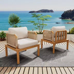 Set of 2 Acacia Wood Club Chairs with Rope Weave Design, Water-Repellent Cushions, Wide Deep Seats for Outdoor Relaxation
