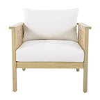 Fauteuil de jardin ModernLuxe en bois d'acacia avec accents en résine tressée, fauteuil de terrasse moderne bohème avec coussins imperméables, teck clair + crème