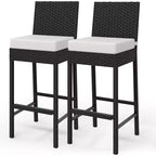 Set of 2 Outdoor Wicker Barstools with Cushions, Patio Rattan Bar Height Stools Armless for Backyard, Poolside, Balcony & Garden High Table Seating