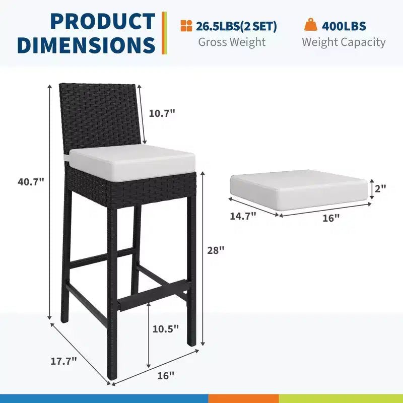 Set of 2 Outdoor Wicker Barstools with Cushions, Patio Rattan Bar Height Stools Armless for Backyard, Poolside, Balcony & Garden High Table Seating