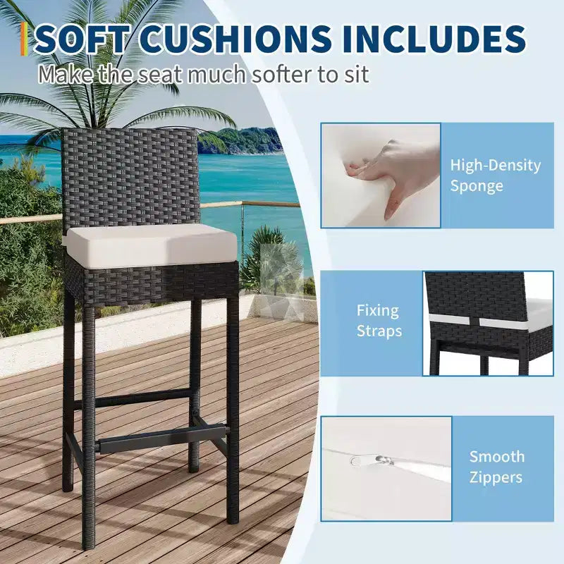 Set of 2 Outdoor Wicker Barstools with Cushions, Patio Rattan Bar Height Stools Armless for Backyard, Poolside, Balcony & Garden High Table Seating