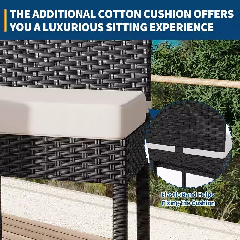 Set of 2 Outdoor Wicker Barstools with Cushions, Patio Rattan Bar Height Stools Armless for Backyard, Poolside, Balcony & Garden High Table Seating