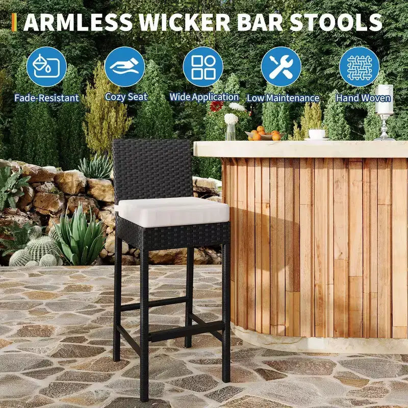 Set of 2 Outdoor Wicker Barstools with Cushions, Patio Rattan Bar Height Stools Armless for Backyard, Poolside, Balcony & Garden High Table Seating