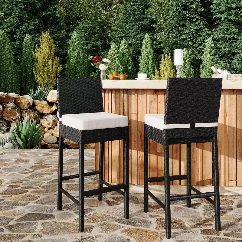 Set of 2 Outdoor Wicker Barstools with Cushions, Patio Rattan Bar Height Stools Armless for Backyard, Poolside, Balcony & Garden High Table Seating
