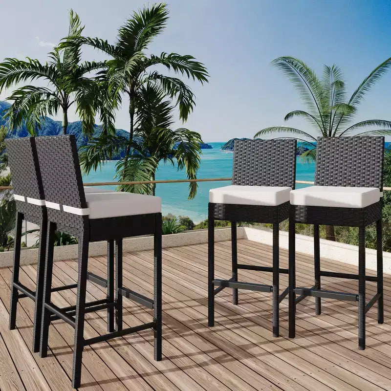 Set of 2 Outdoor Wicker Barstools with Cushions, Patio Rattan Bar Height Stools Armless for Backyard, Poolside, Balcony & Garden High Table Seating