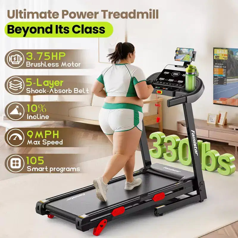Compact Folding Treadmill for Home with 3.75 HP Motor, App Control, Bluetooth, 10% Incline, 330 lb Capacity