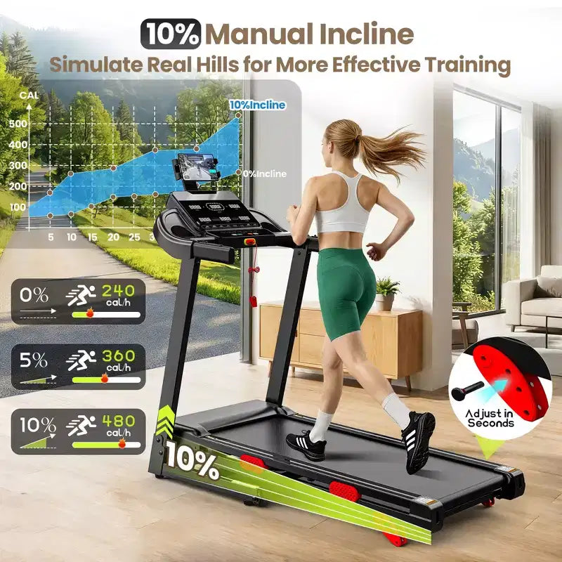 Tapis roulant électrique pliable pour la maison, tapis de course domestique silencieux de 3,5 CV sans balais avec inclinaison, 14,5 km/h, 6 écrans LCD, 105 programmes, tapis de course avec capteur de fréquence cardiaque