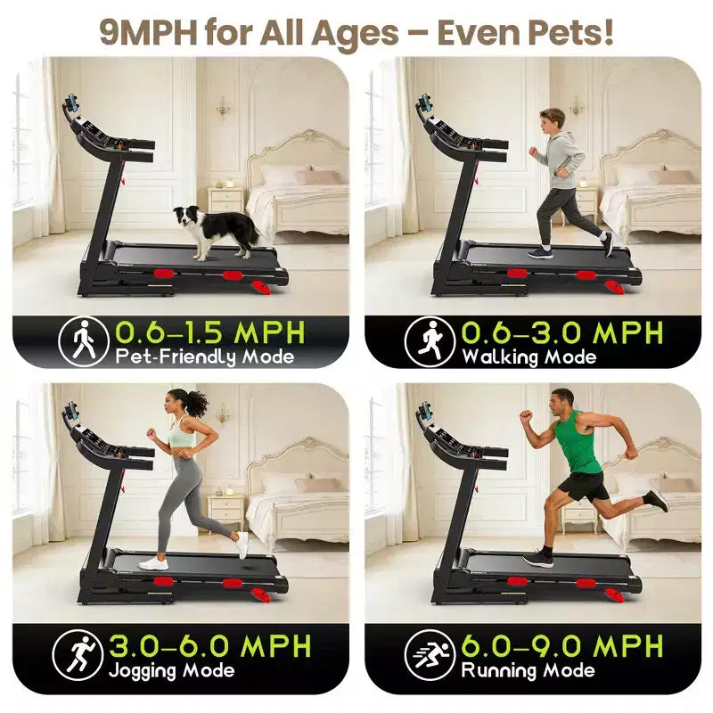 Tapis roulant électrique pliable pour la maison, tapis de course domestique silencieux de 3,5 CV sans balais avec inclinaison, 14,5 km/h, 6 écrans LCD, 105 programmes, tapis de course avec capteur de fréquence cardiaque