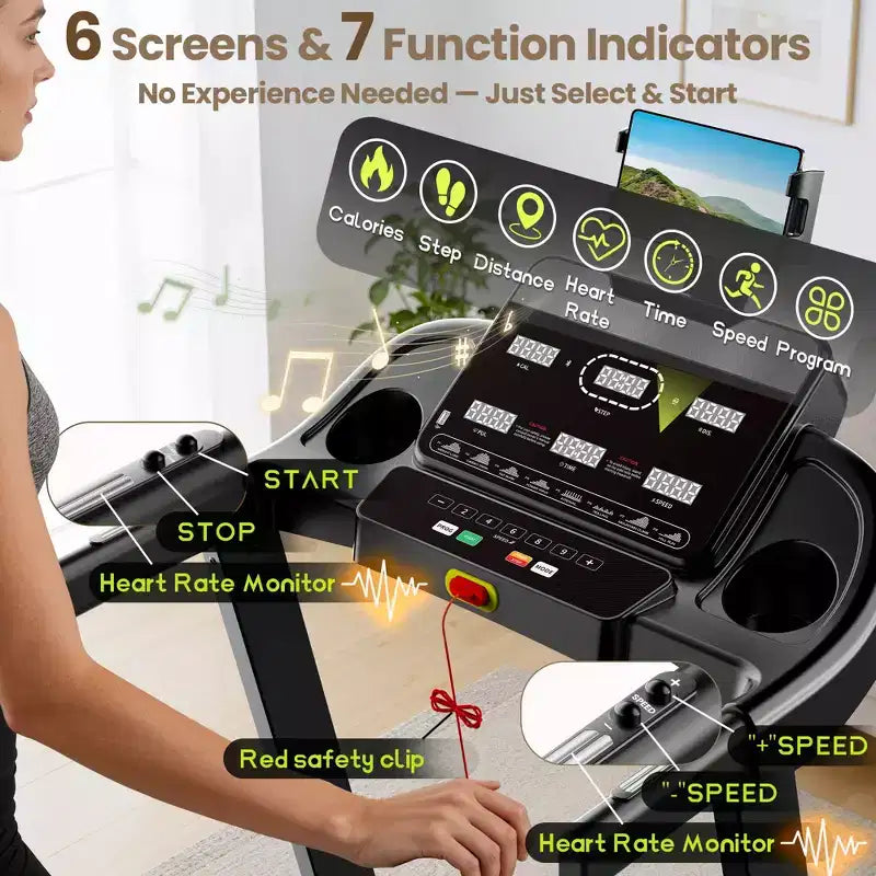 Tapis roulant électrique pliable pour la maison, tapis de course domestique silencieux de 3,5 CV sans balais avec inclinaison, 14,5 km/h, 6 écrans LCD, 105 programmes, tapis de course avec capteur de fréquence cardiaque