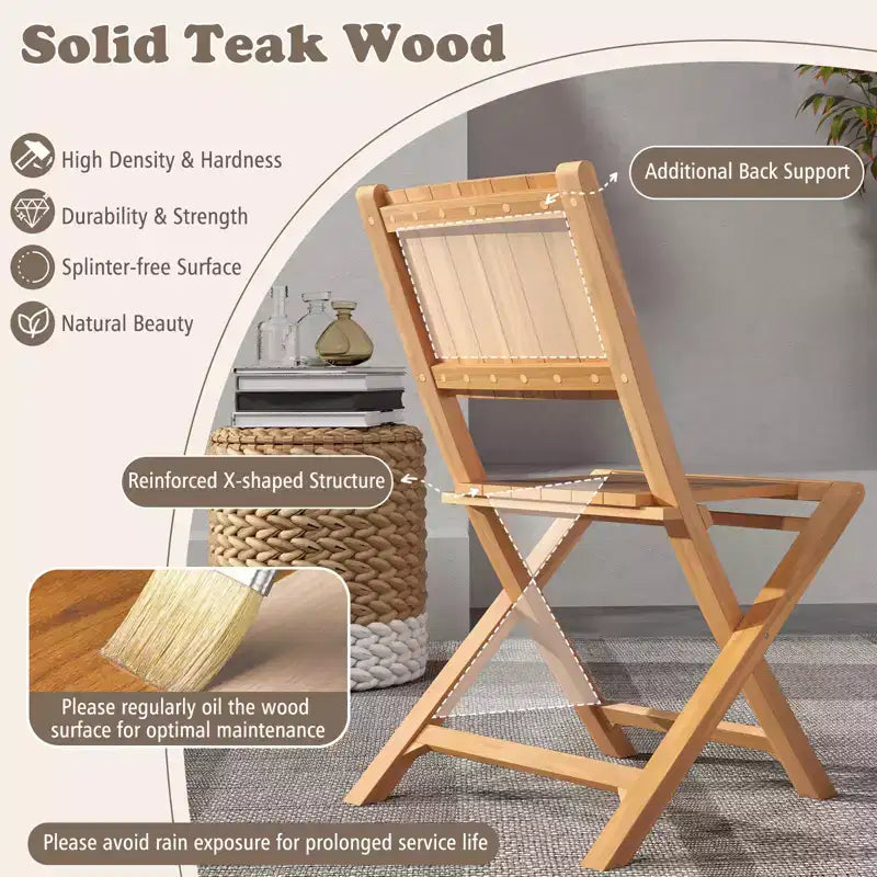 Costway 4 PCS Folding Patio Chairs w/ Inclined Backrest Teak Wood Outdoor Dining Chairs