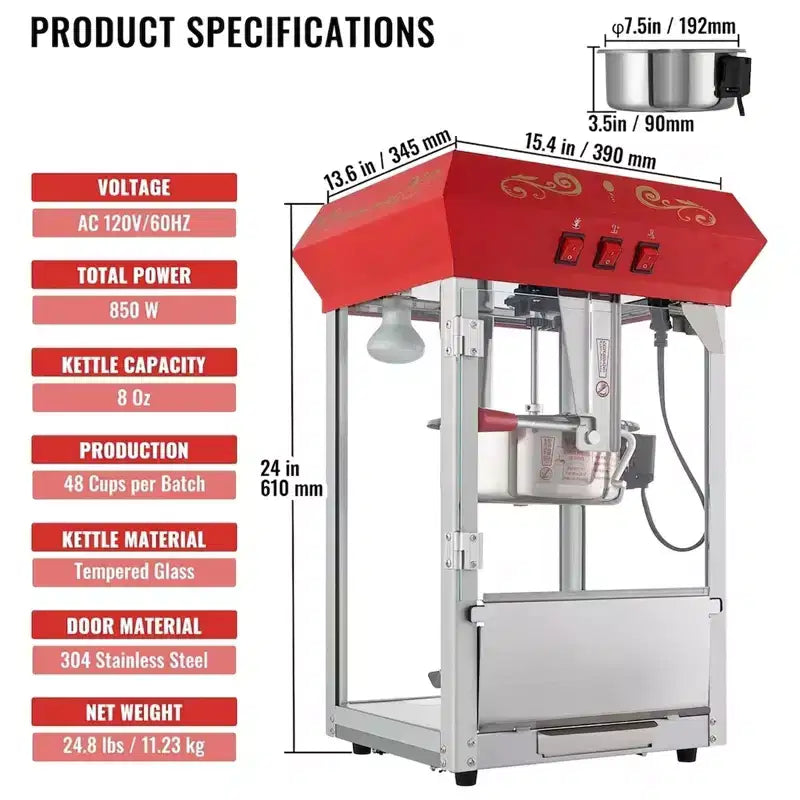 Popcorn Popper Machine 8 Oz Countertop Popcorn Maker 850w 48 Cups Red Heavy Duty